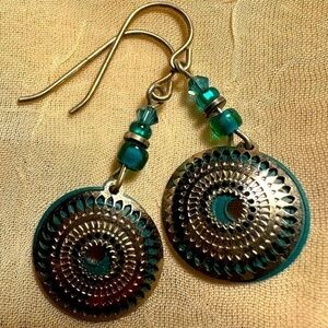 Adajio Earrings Teal Disc with Shiny Silver Tone Etched Circle Overlay & Beads